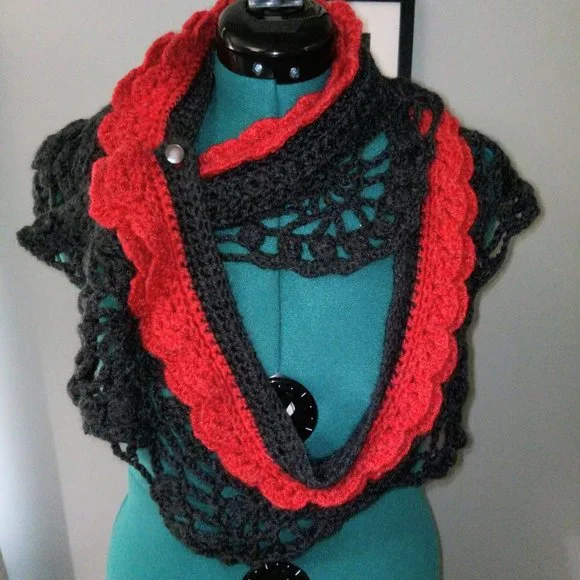 Crochet Multi-Wear Scarf/Wrap/Vest/Accessory in Heathered Red & Gray NEW - Picture 4 of 10